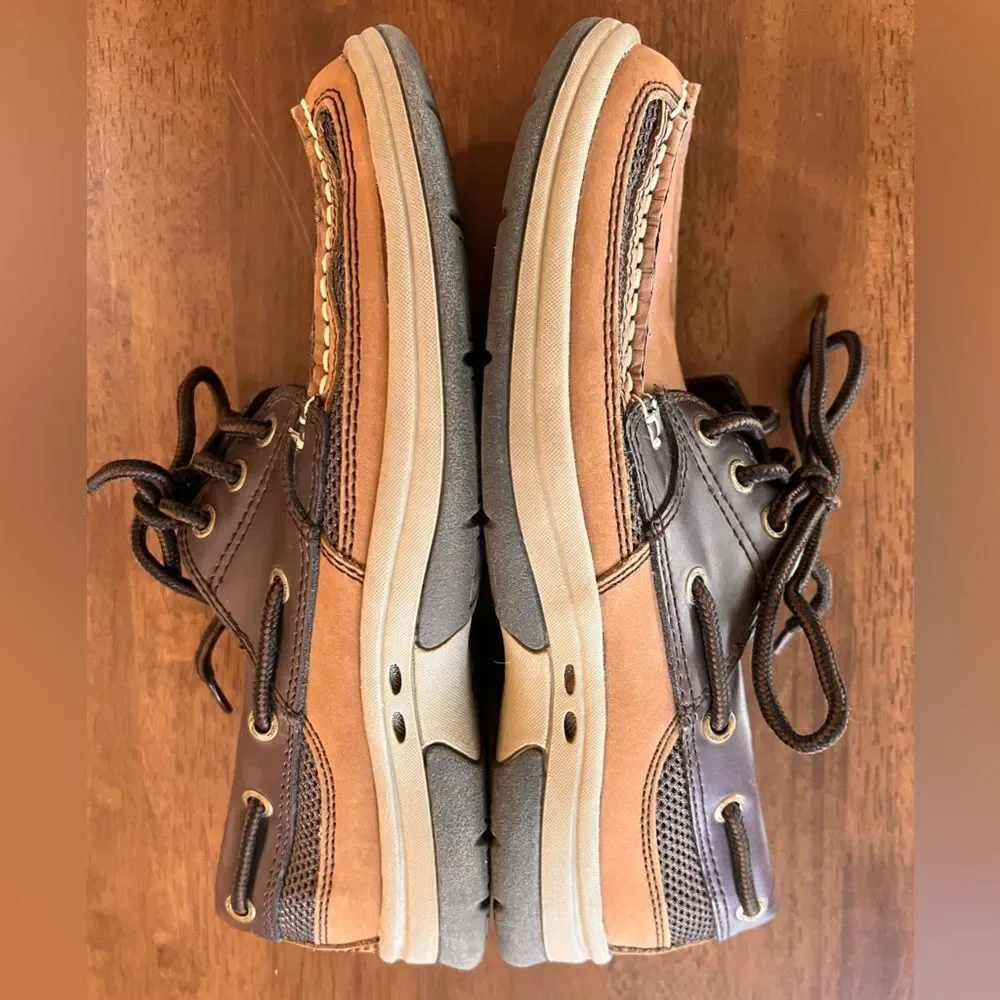 Thom McAn Men's Kiel Brown/Tan Casual Lace-Up Comfy Leather Mesh Boat Shoes 7M